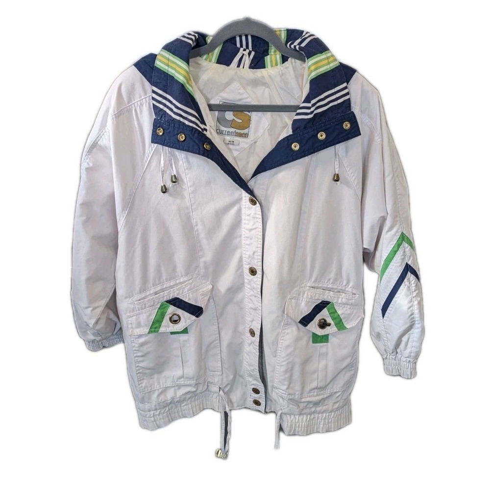 Vtg Current Seen Womens M Coat Removable Hood Striped‎ Button Front Nautical 90s